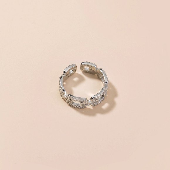 NEW SILVER CUBAN LINK RHINESTONE ADJUSTABLE RING - Picture 3 of 4